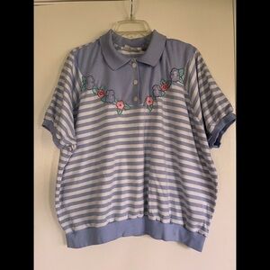Cottagecore Floral Stripe Polo Shirt Size 3 XL